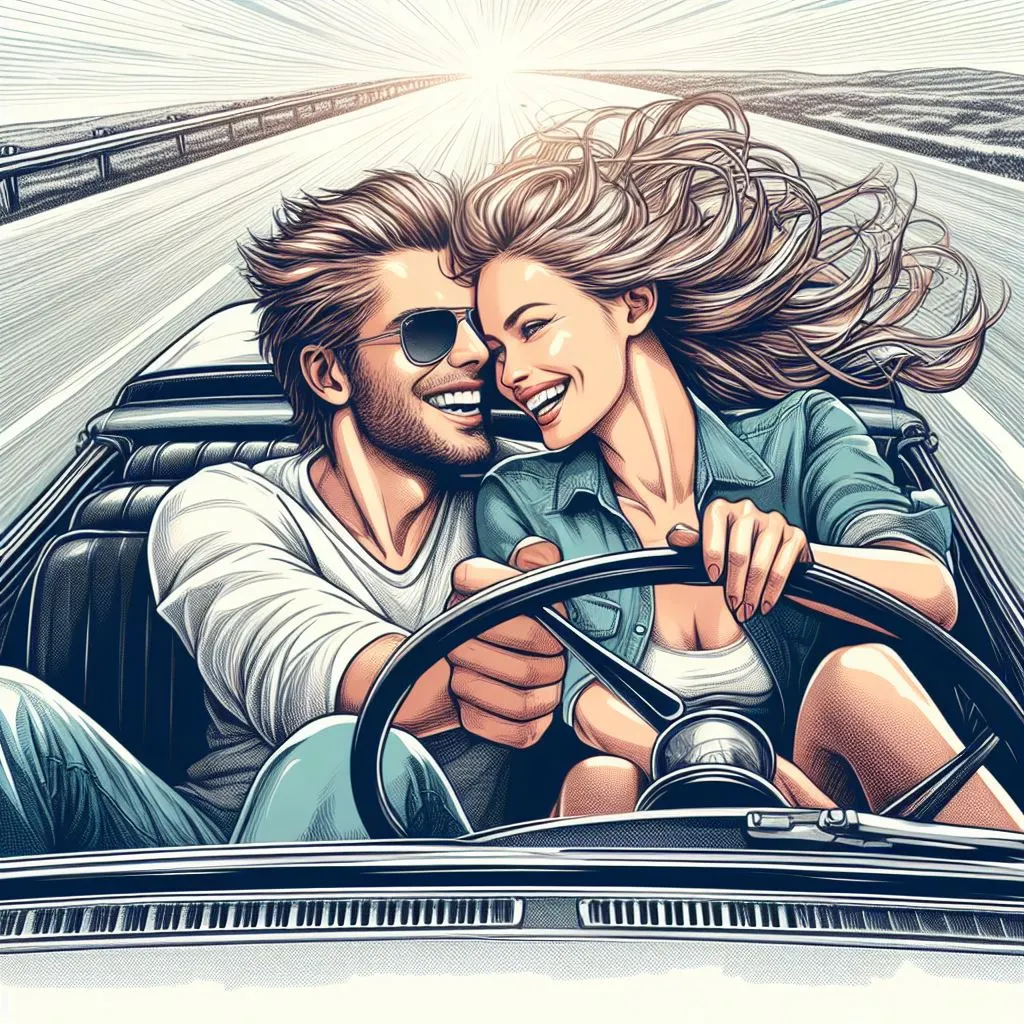 A couple rides in a vintage convertible on an open highway, wind tousling their hair. The man reaches over to steal a playful kiss from his girlfriend, prompting thoughts on "what does it mean when a guy kisses you deeply?