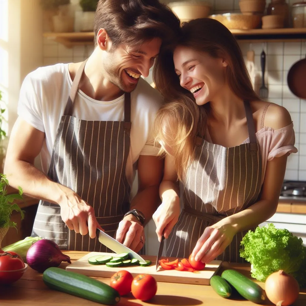 A couple wears aprons and chops vegetables together in their sunlit kitchen. The boyfriend teasingly jokes about his girlfriend's culinary skills.