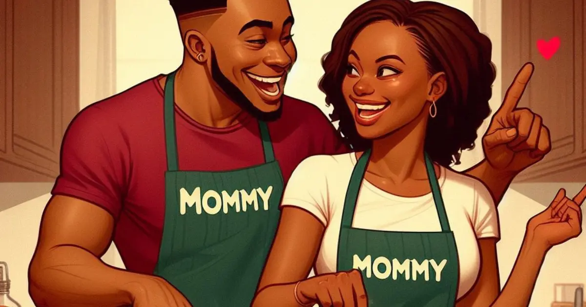 A couple shares a lighthearted moment in the kitchen. The boyfriend affectionately calls his girlfriend "Mommy," sparking curiosity about what it means when a guy calls you mommy.