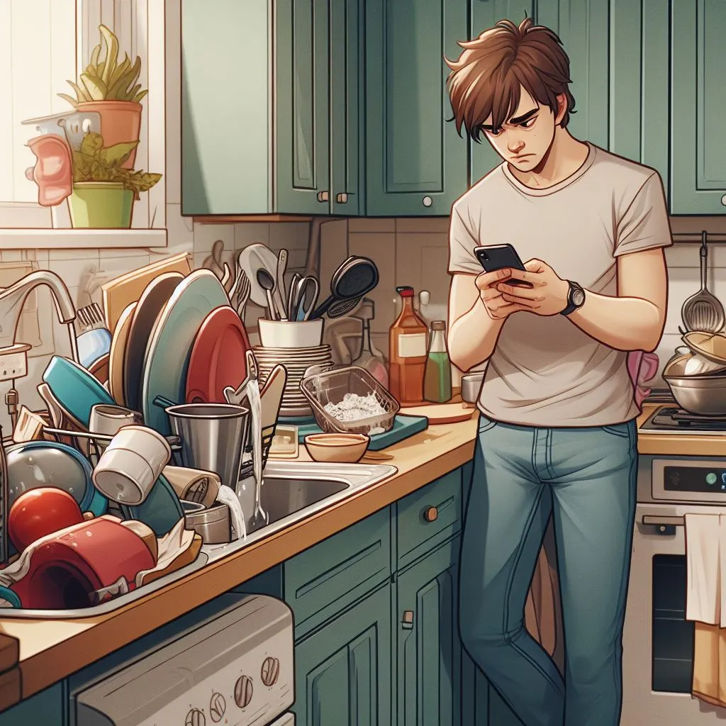  In a cluttered kitchen with dishes piled in the sink, a boy stands by the counter, holding his phone with a furrowed brow, discussing relationship concerns with his girlfriend, pondering "what do late night phone calls mean.