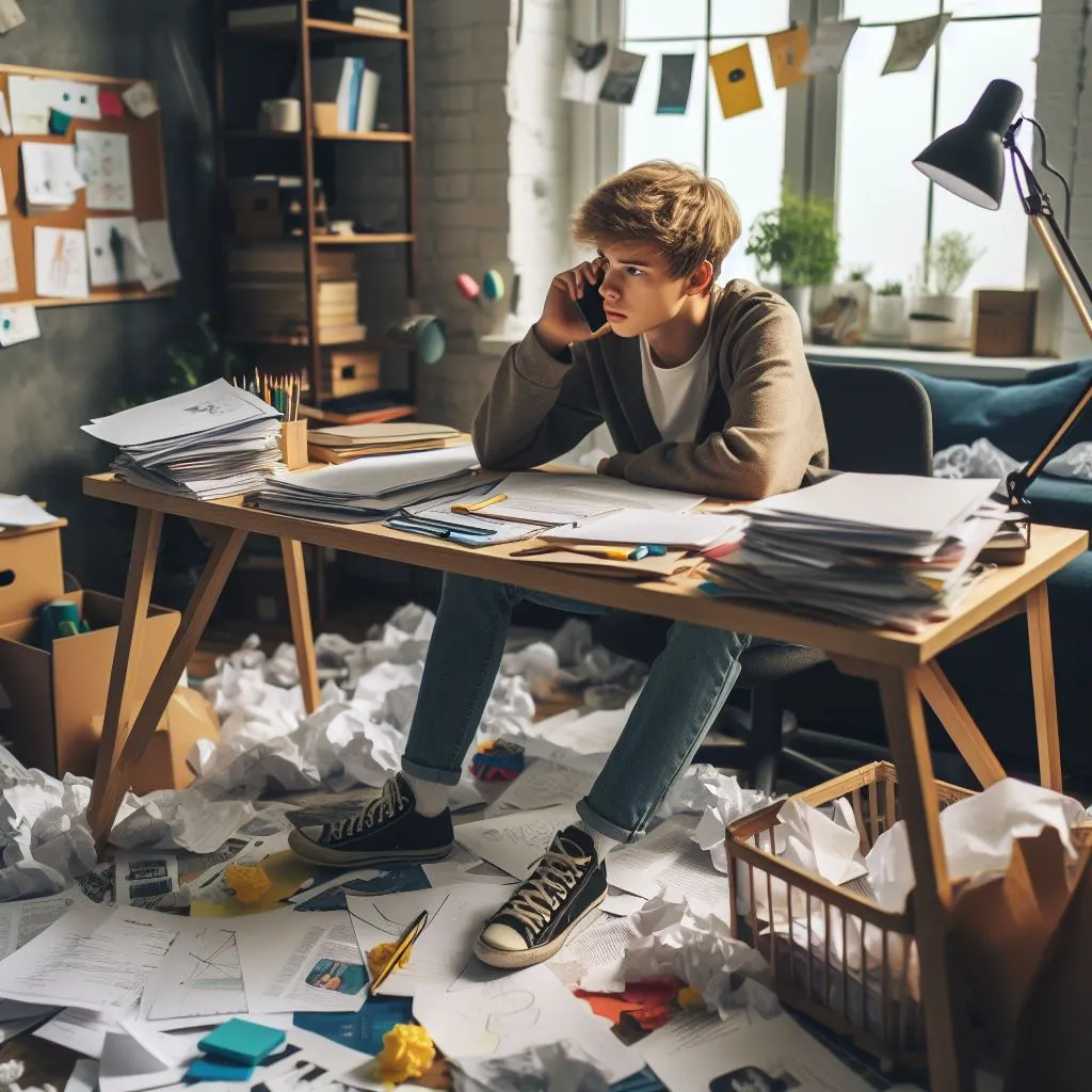  In a messy home office with papers scattered across the desk, a boy sits amidst the disarray, phone in hand, discussing creative ideas and aspirations with his girlfriend, pondering "what do late night phone calls mean.