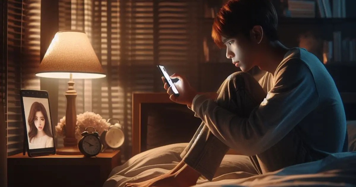 A boy sits on the edge of a dimly lit bedroom, holding his phone with a concerned expression. The girlfriend's photo is displayed on the screen as he dials her number, pondering "what do late night phone calls mean.