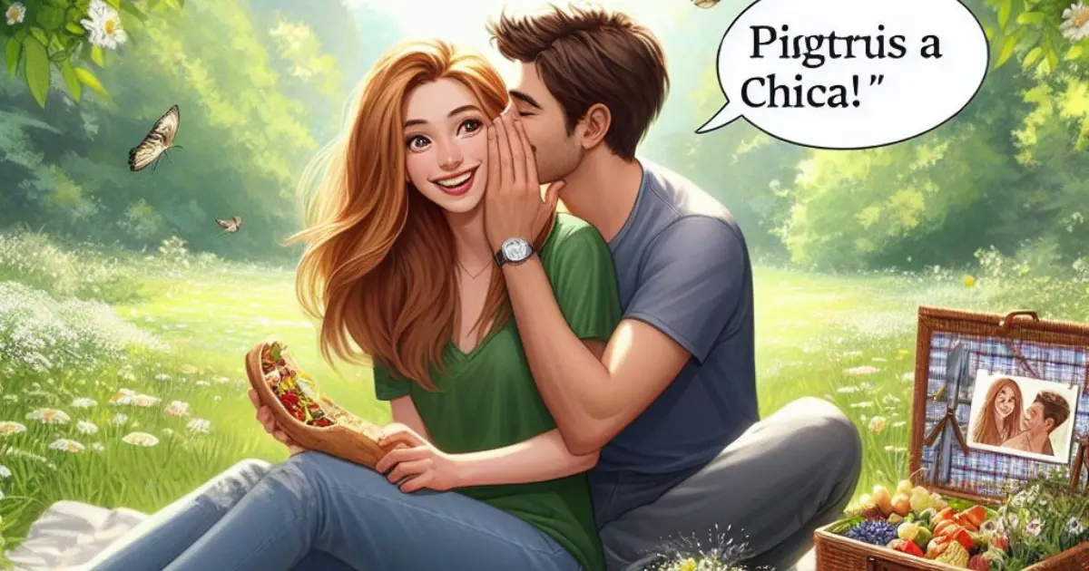 A couple enjoys a surprise picnic in a lush meadow, surrounded by blooming wildflowers. The boyfriend whispers "Chica" to his girlfriend, invoking thoughts on "what does it mean when a guy calls you chica?