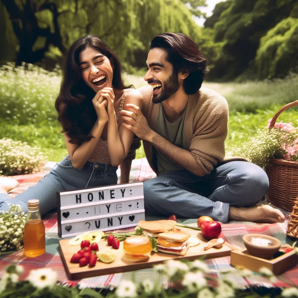 A couple enjoys a picnic in a verdant meadow surrounded by blossoming flowers.
