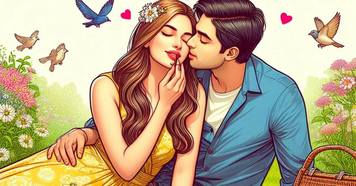 A couple enjoys a picnic in a sunny meadow, surrounded by blooming flowers and chirping birds. The boyfriend steals a kiss from his girlfriend's neck, prompting thoughts on "what does it mean when a guy smells your neck?