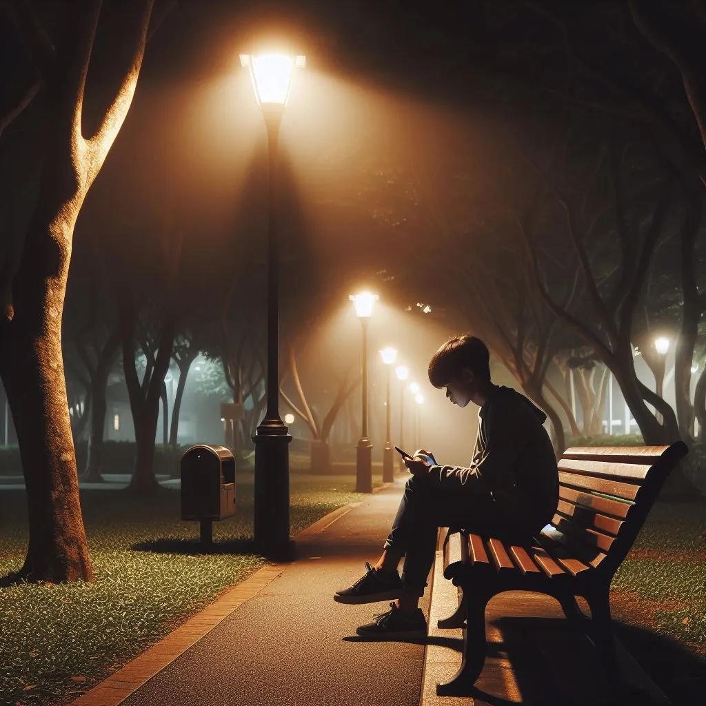 A quiet park bench illuminated by a lone streetlamp. The boy sits alone, phone in hand, checking in on his girlfriend to ensure she's safe and sound, contemplating "what do late night phone calls mean.