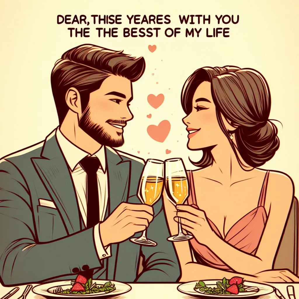 A couple raises a toast at a milestone anniversary dinner. The man affectionately calls his girlfriend "dear" as they clink their glasses together, prompting thoughts on "what does it mean when a guy calls you dear.