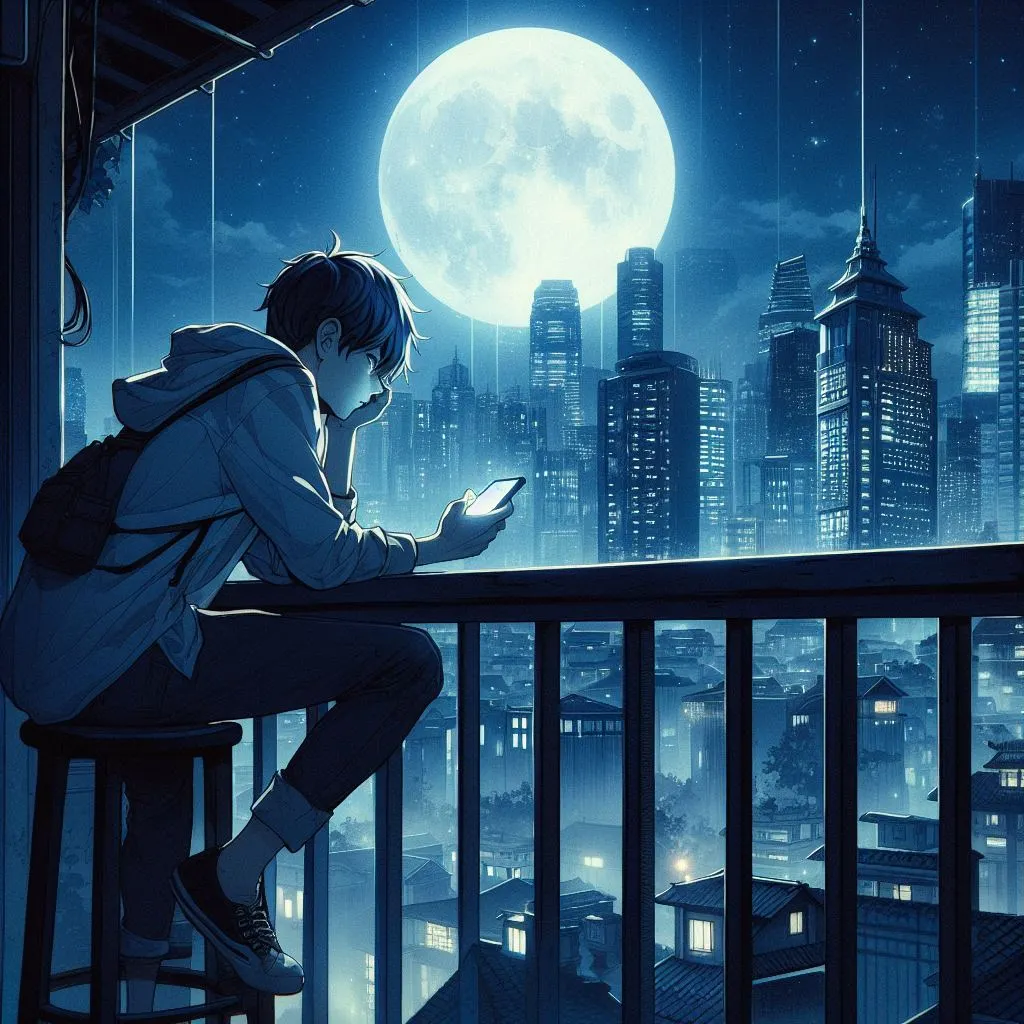 A boy leans against the railing of a moonlit balcony, staring at his phone screen, pondering "what do late night phone calls mean.