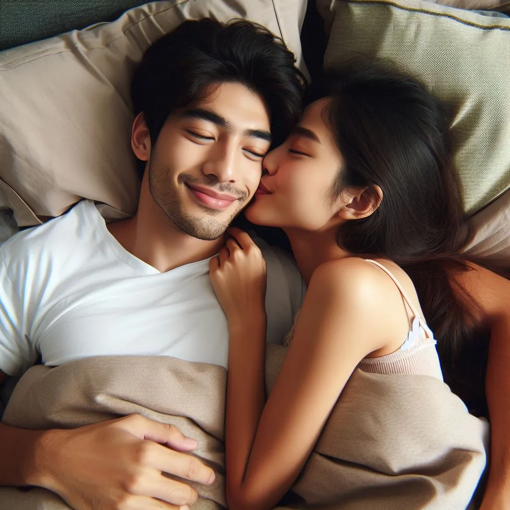 A couple snuggles in bed, where the woman surprises her boyfriend with a playful kiss on the cheek.