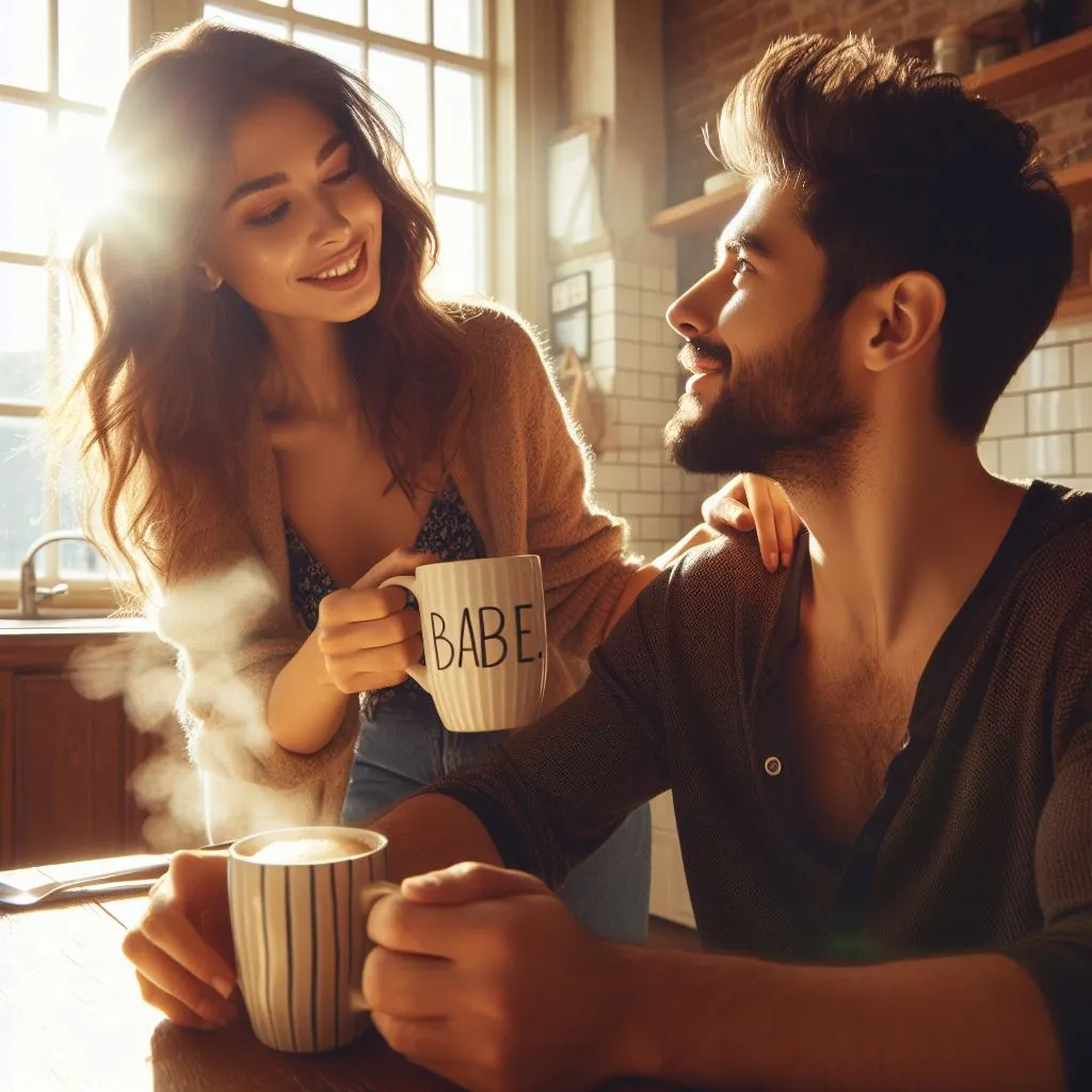 A 35-year-old couple enjoys morning coffee at their kitchen table. The woman affectionately calls her partner "Babe.