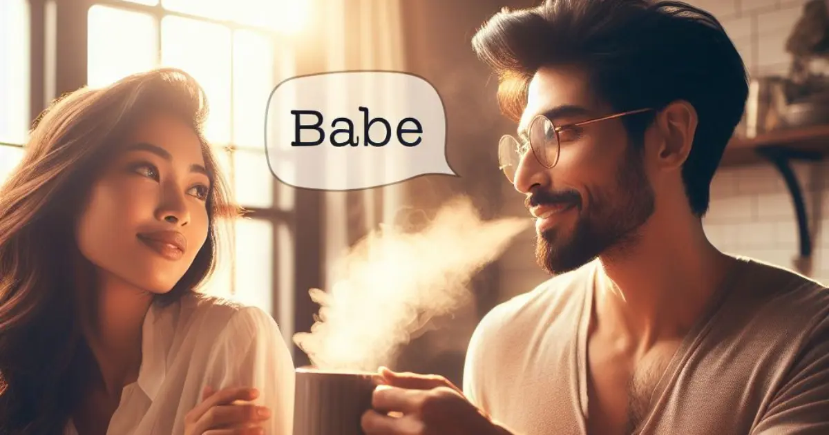 A 35-year-old couple sits at their kitchen table, sipping coffee. The woman affectionately calls her boyfriend "Babe," prompting thoughts on "what does it mean when a girl calls you babe.