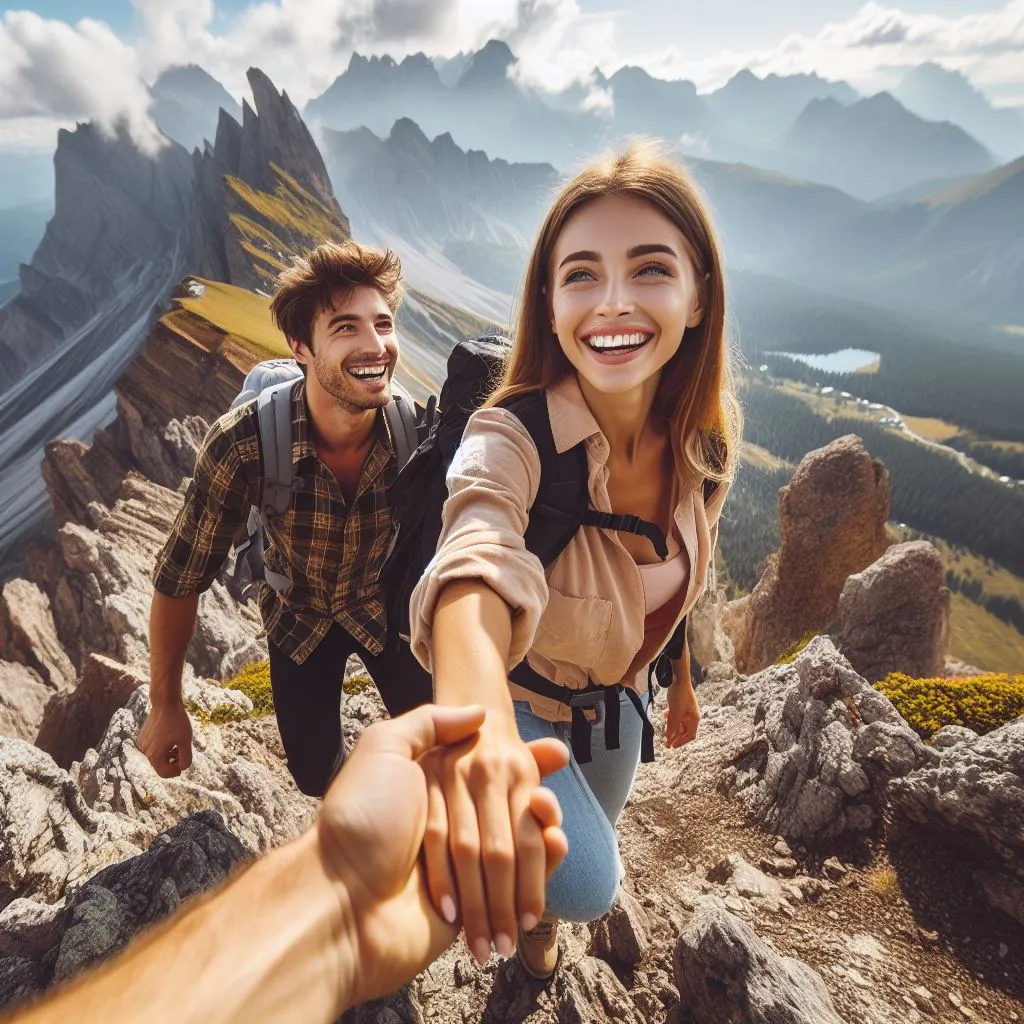 A couple hikes through mountainous terrain, enjoying stunning vistas. The boyfriend teasingly jokes about his girlfriend's fear of heights.