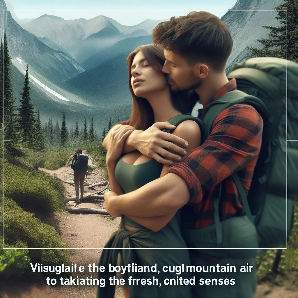 A couple hikes rugged mountain trails, surrounded by crisp air. The boyfriend presses his nose against his girlfriend's neck.