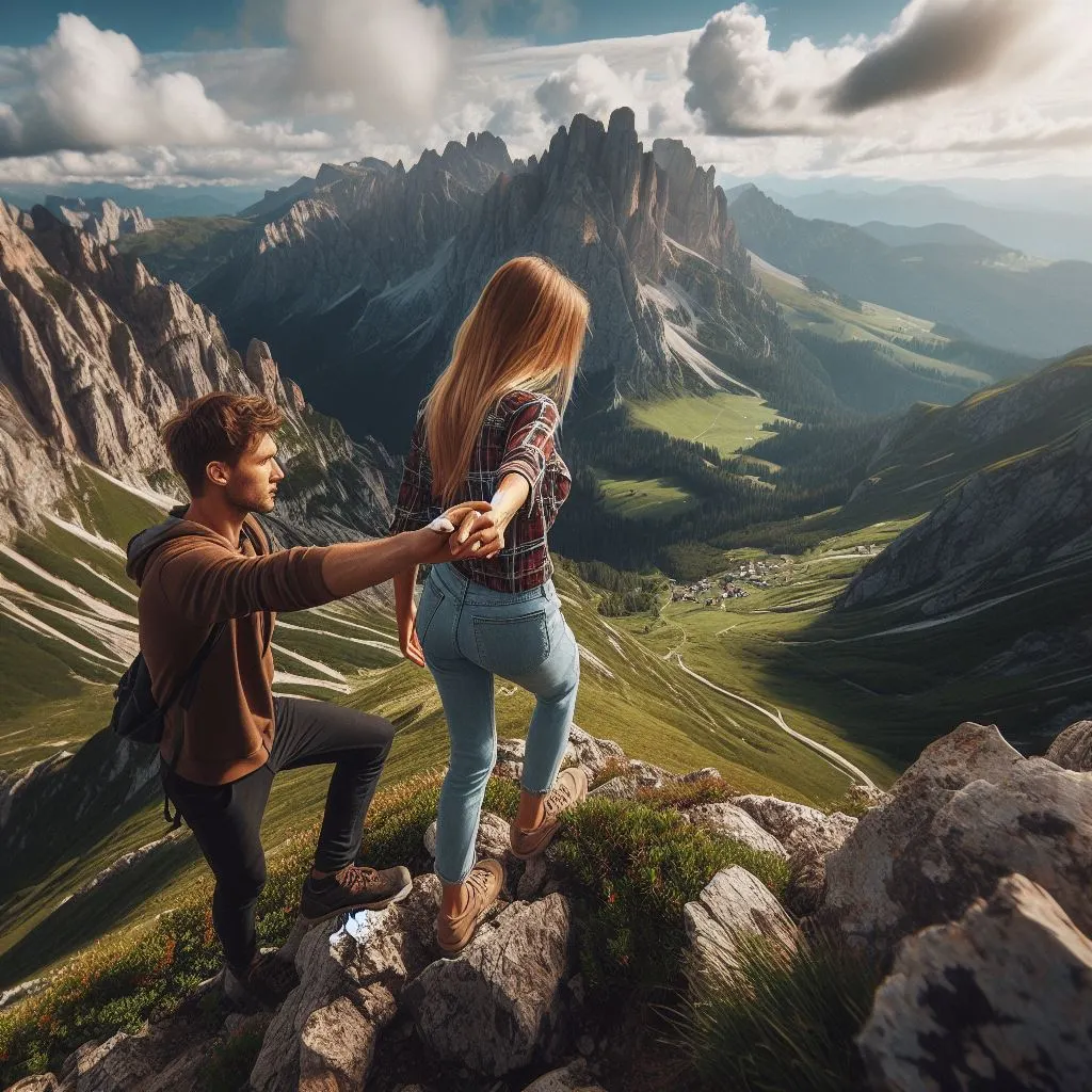 A rough mountain trail with sweeping views of verdant valleys and lofty peaks. The female steadies herself with the aid of touching her boyfriend's arm.
