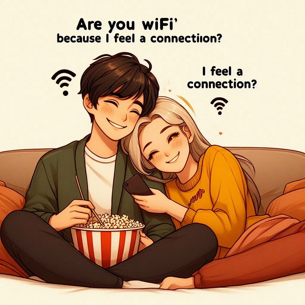 A couple snuggles on the sofa, looking at a film with a bowl of popcorn. The boy jokingly whispers to his female friend, "Are you wifi due to the fact I sense a connection?" The exchange sparks laughter and love between them.