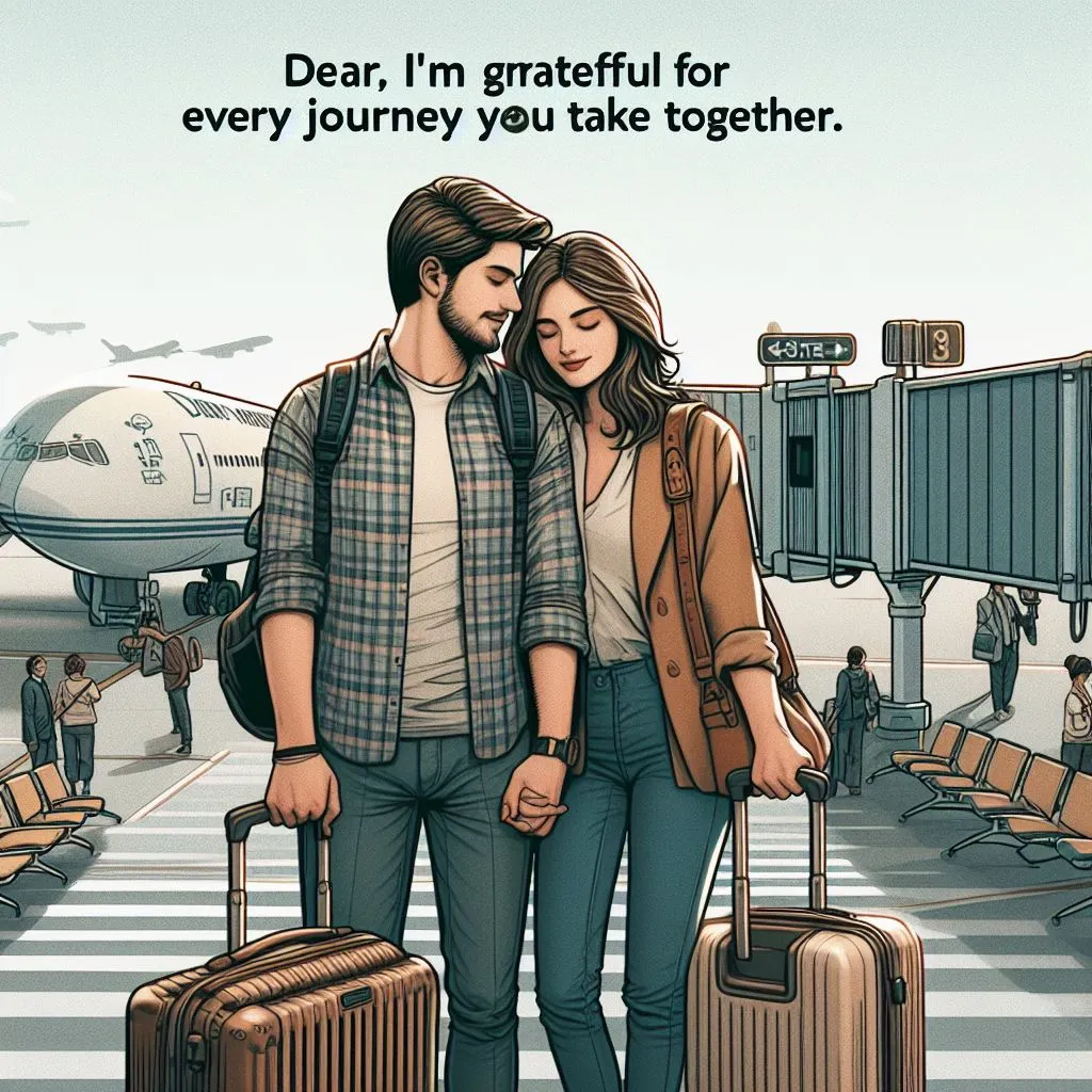 A couple stands at an airport with luggage, ready to embark on a new adventure. 