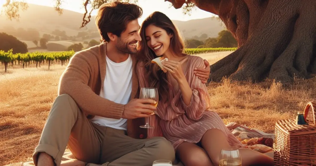 A couple enjoys a romantic picnic under an oak tree. The boyfriend playfully teases his girlfriend, prompting thoughts on "what does it mean when a guy teases you?