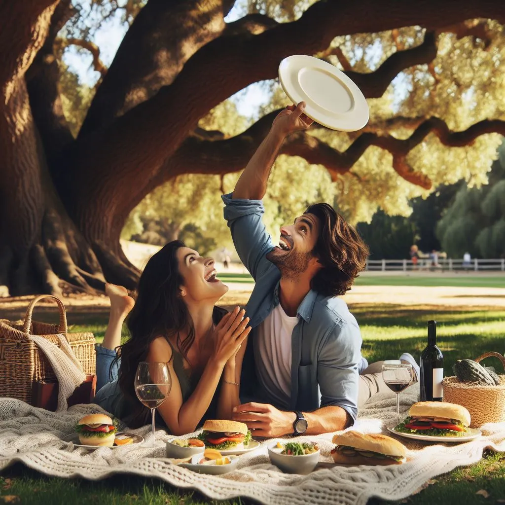 A couple enjoys a romantic picnic under a large oak tree. 