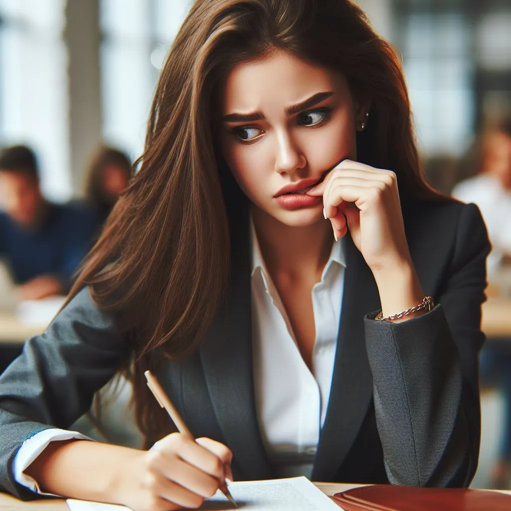 A girl in professional attire sits at her desk in a bustling office, brow furrowed in concentration, lips involuntarily bitten in focused determination.