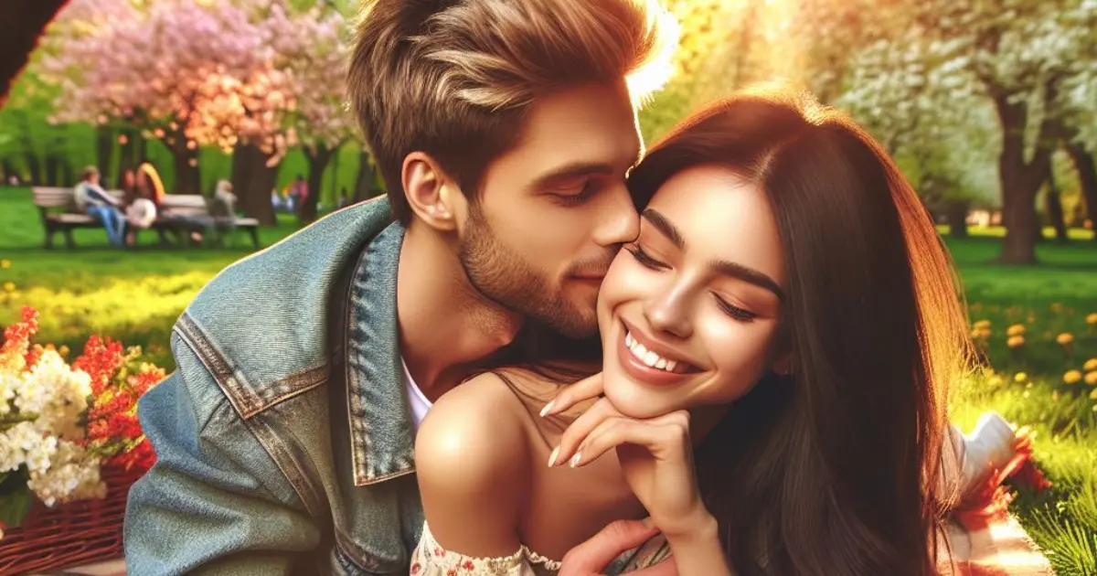 A couple sits on a checkered blanket in a sun-dappled park, surrounded by blooming flowers. The man steals a kiss from his girlfriend, sparking thoughts on "what does it mean when a guy kisses you deeply?