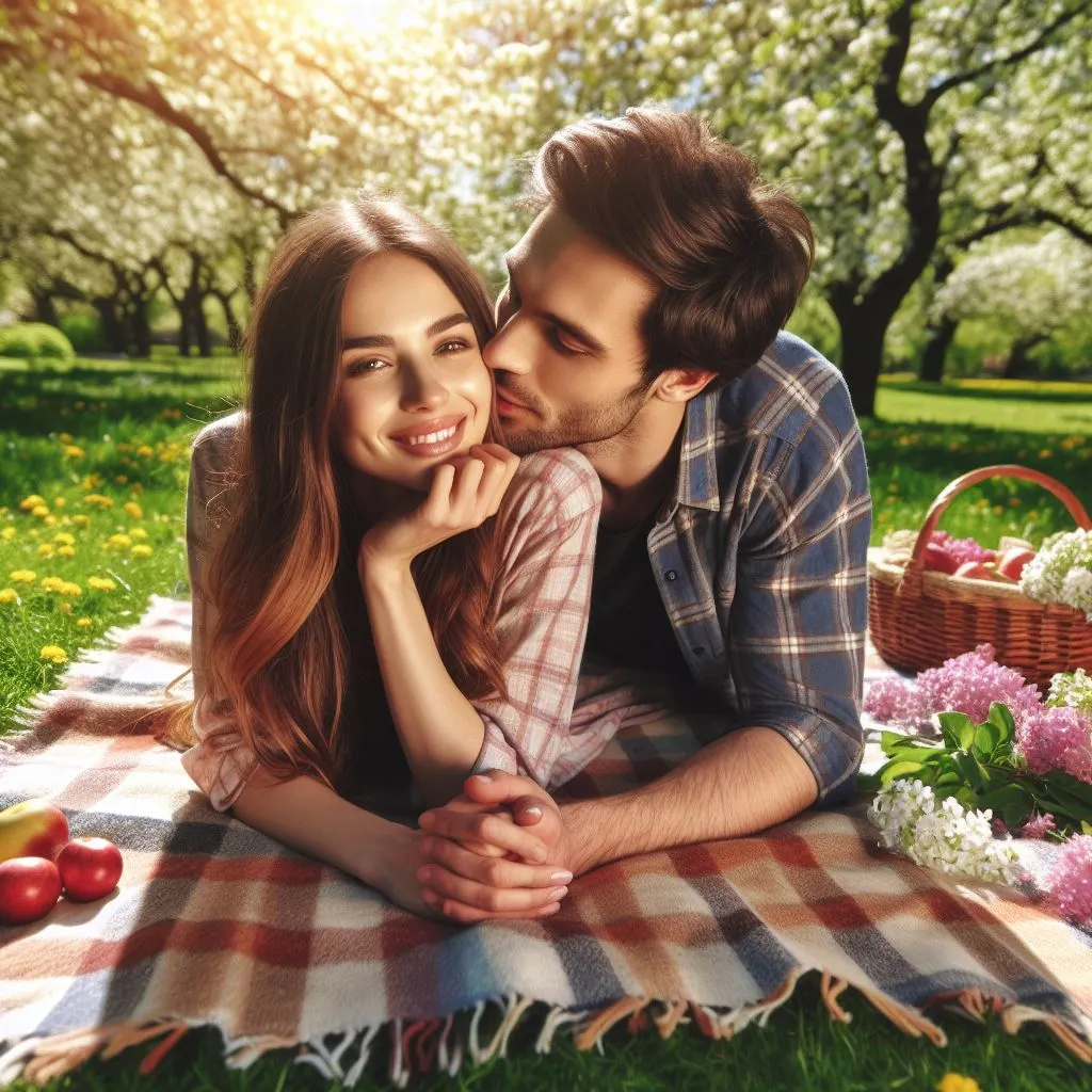 In a bright park, a couple unwinds on a checkered blanket while listening to chattering birds and flowering flowers. The man steals a brief kiss from his girlfriend, igniting thoughts on "what does it mean when a guy kisses you deeply?