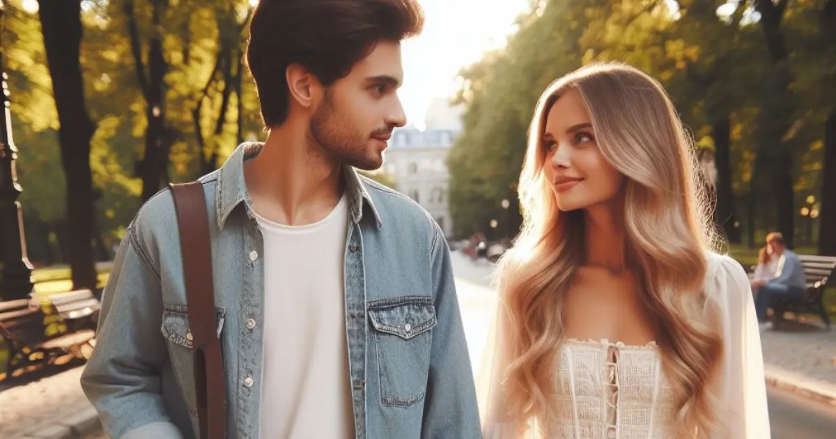 A couple strolls through a picturesque park, hand in hand. The woman looks lovingly at her boyfriend, sparking thoughts on "what does it mean when a girl looks at you?