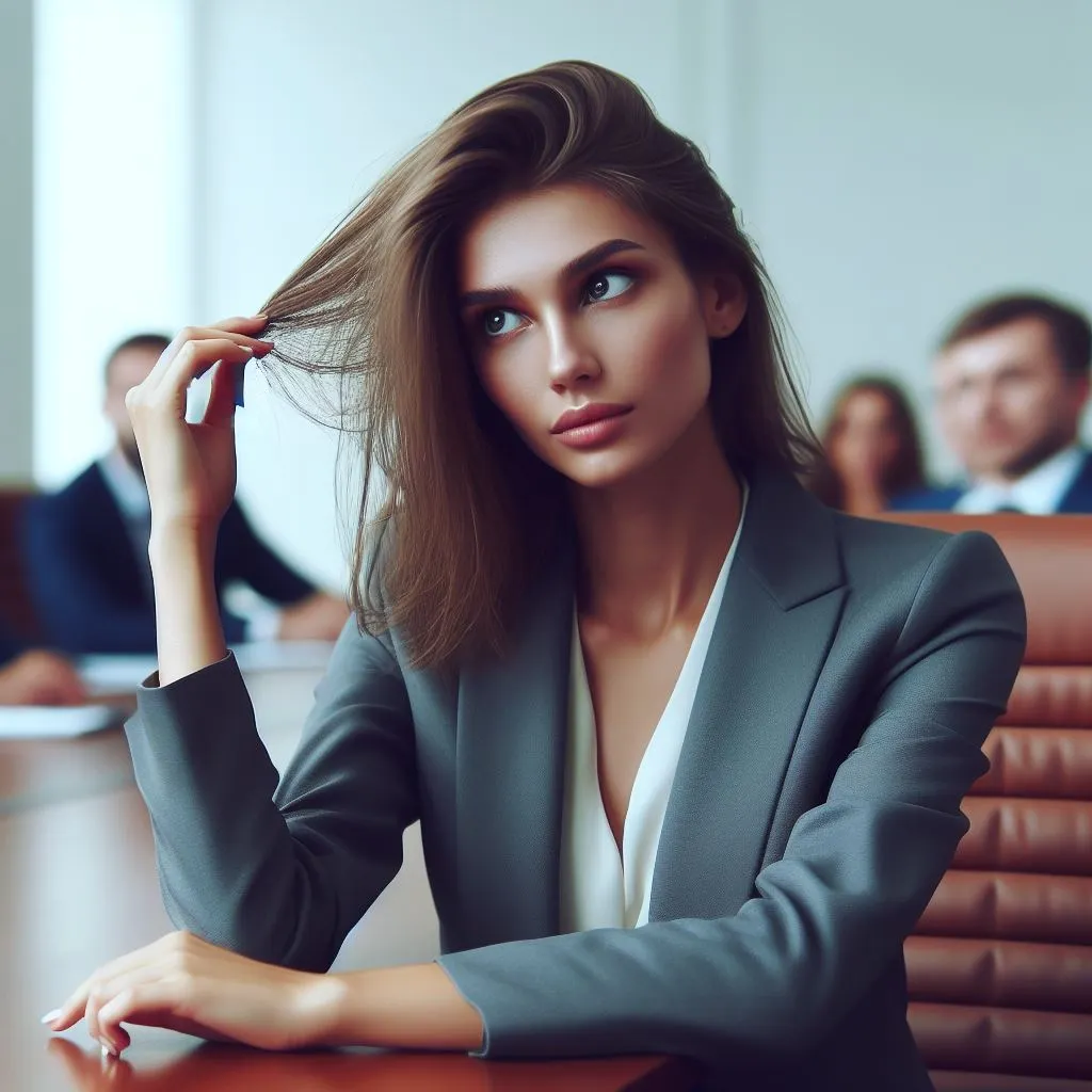 woman in a professional setting fiddles with her hair in a boardroom meeting, reflecting underlying nervousness or anticipation.