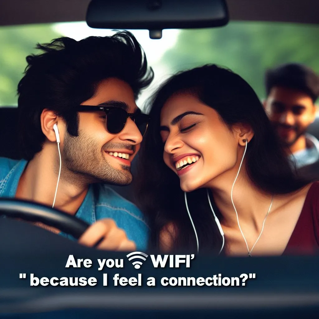 A couple enjoys a spontaneous road trip, windows down and music blasting. The boy teases, "Are you wifi because I feel a connection?" to his girlfriend, sparking laughter as they travel.