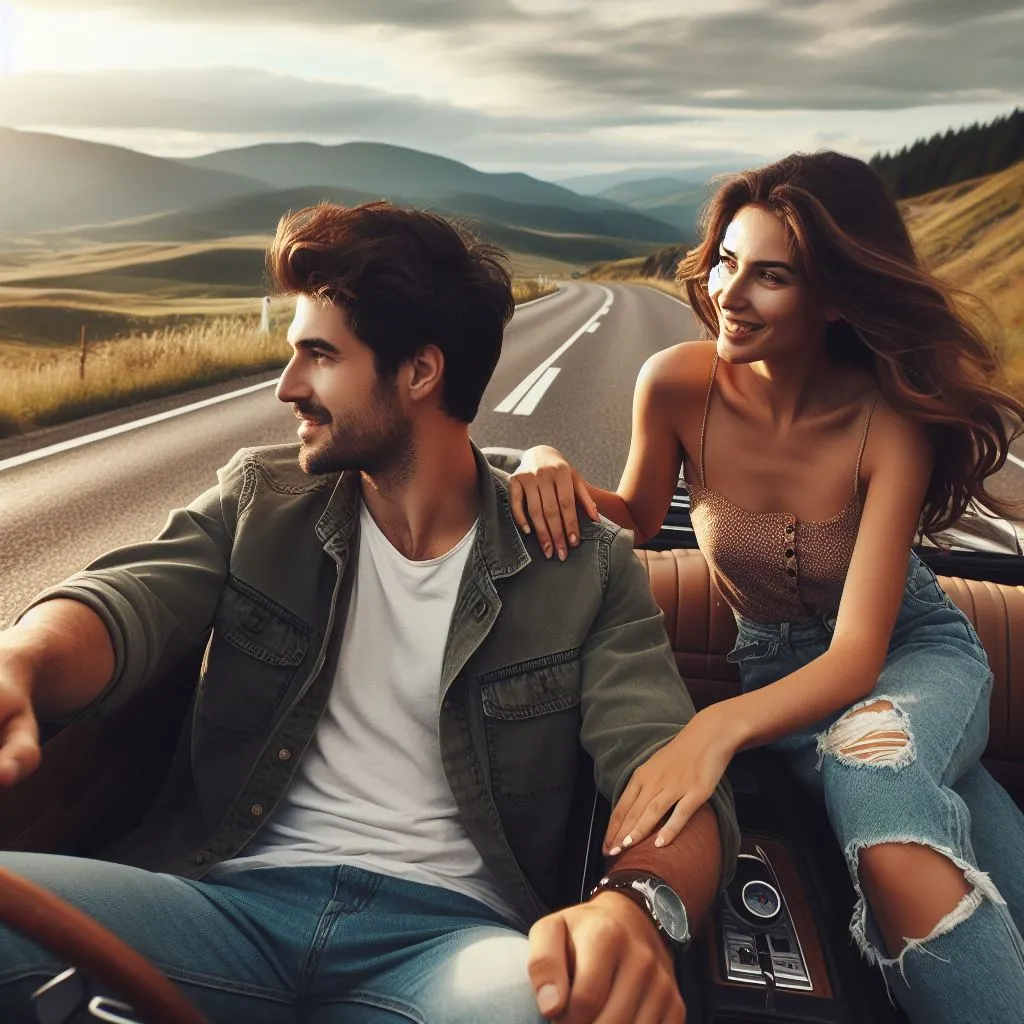 A winding country road flanked by rolling hills and vast open skies. The woman affectionately touches her boyfriend's arm as they cruise on a road trip.