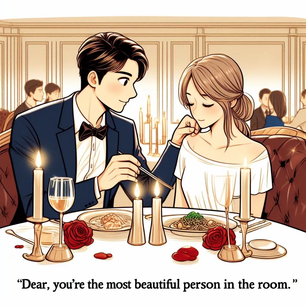 A couple dines at a candlelit table in a fancy restaurant. The man affectionately calls his girlfriend "dear" as he gently touches her hand, sparking curiosity about "what does it mean when a guy calls you dear.