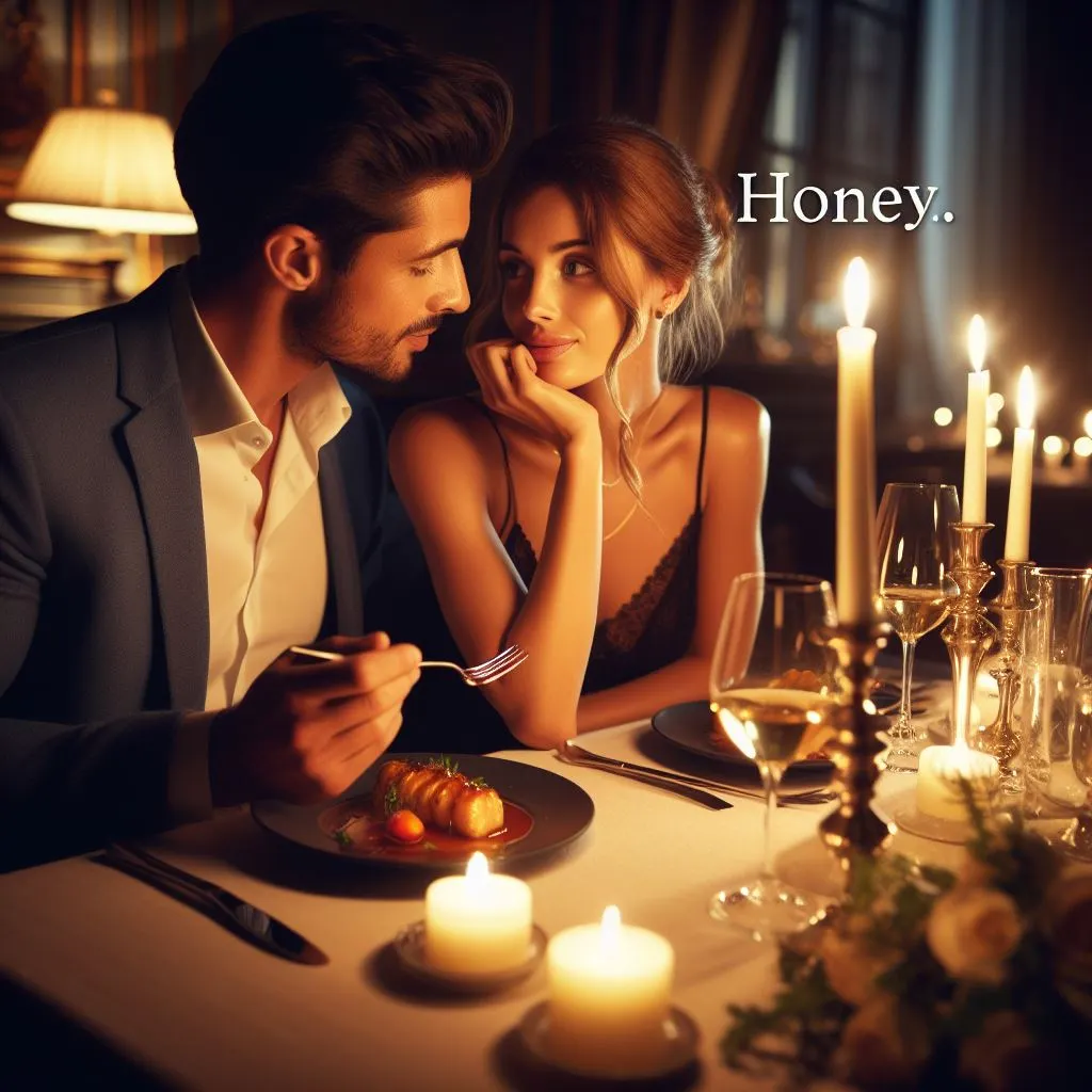 A couple enjoys a romantic dinner using candlelight. 