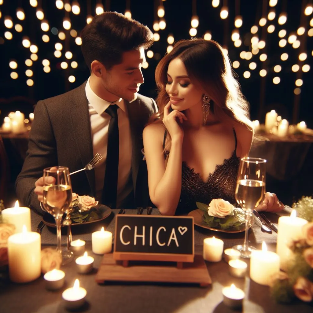 A couple dressed elegantly for a fancy dinner date at a candlelit restaurant. 