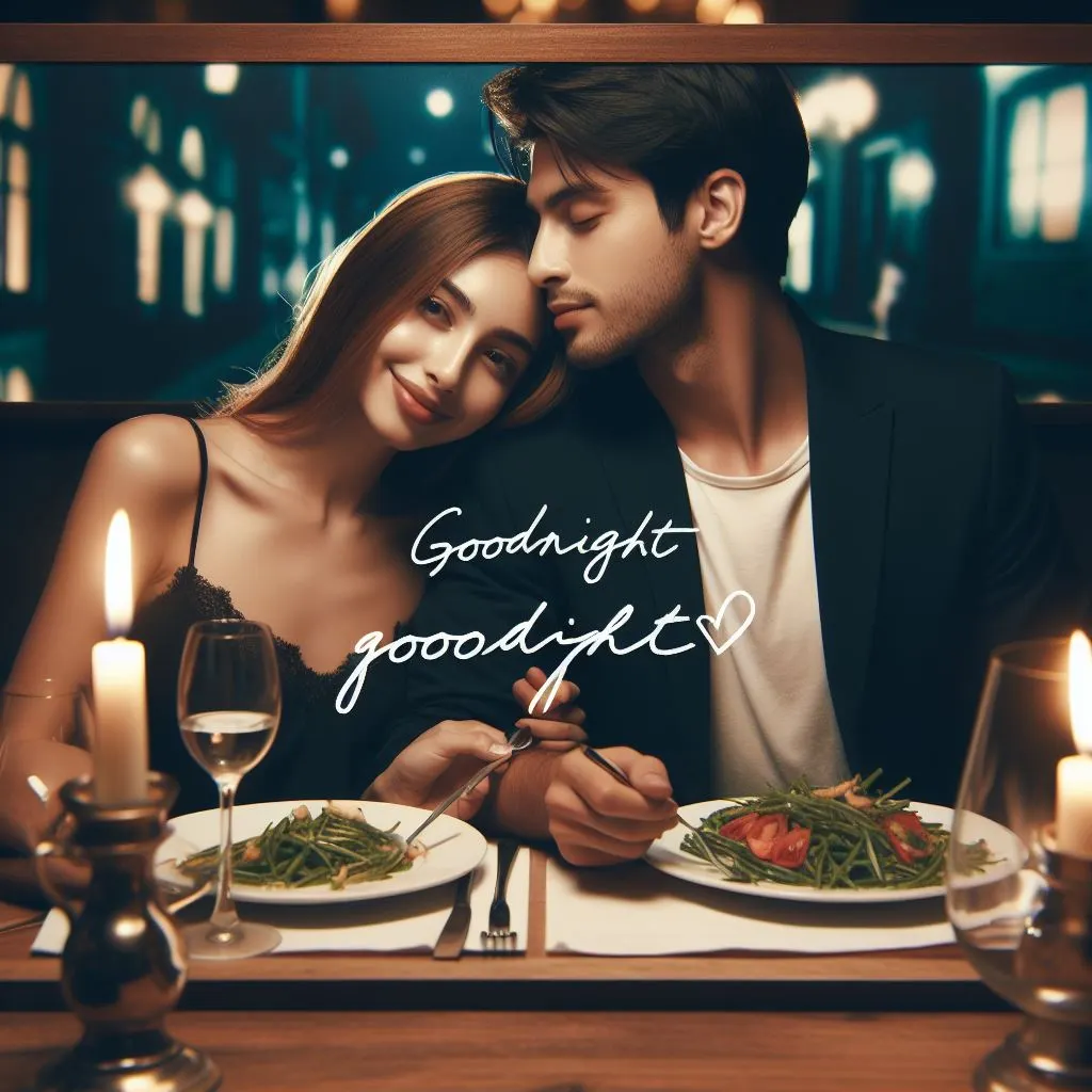 A couple enjoys a candlelit dinner at their favorite restaurant. As they finish, the boyfriend whispers "goodnight" first in his girlfriend's ear.