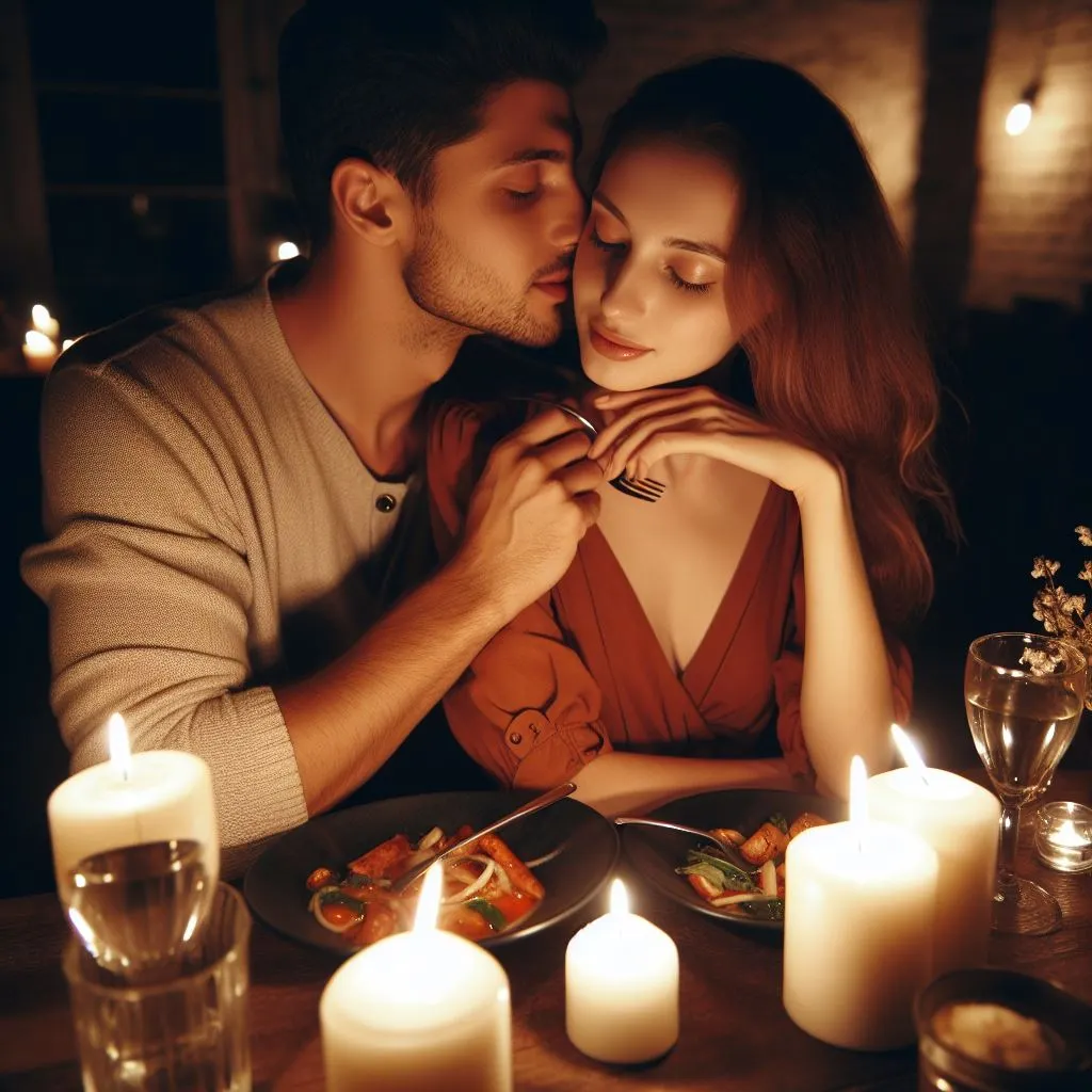 A couple enjoys a candlelit dinner at a cozy restaurant. The boyfriend whispers sweet nothings in his girlfriend's ear, his breath warm against her neck.