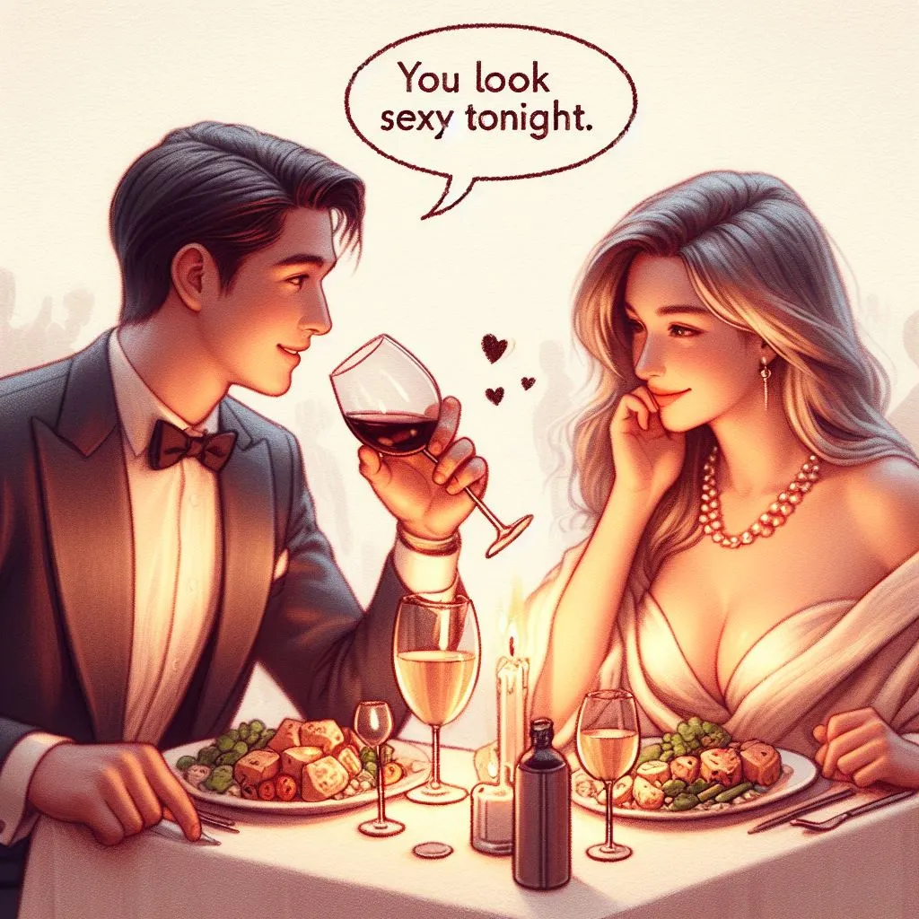A couple in their best attire enjoys a candlelit dinner at a comfy place. The boyfriend whispers, "You look so horny this night," prompting thoughts on "what does it mean when a guy calls you sexy?
