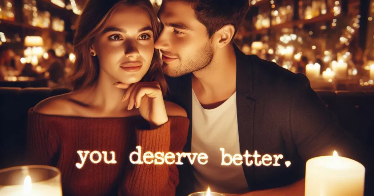 A cozy restaurant with flickering candles and soft music. The boyfriend whispers, "You deserve better," prompting thoughts on how to respond when someone says you deserve better.