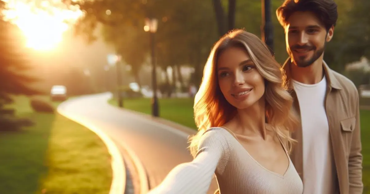 A 35-year-old couple enjoys a leisurely walk through a serene park, hand in hand. The girl lightly touches her boyfriend's arm, prompting thoughts on "what does it mean when a girl touches your arm?