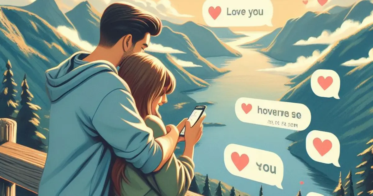 A couple embraces at a scenic lookout, marveling at nature's beauty. The boyfriend receives a heartfelt message from his girlfriend, prompting thoughts on "what does it mean when a guy hearts your message?