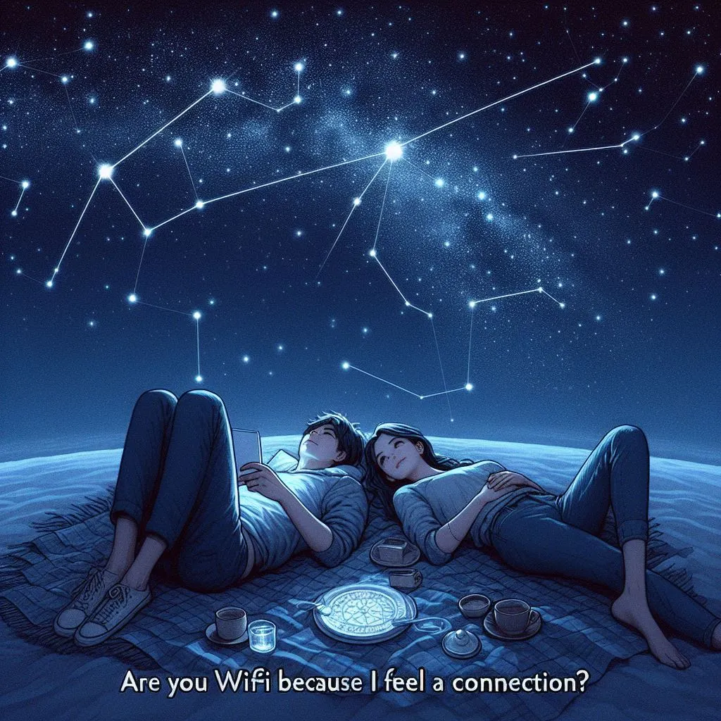 A couple lies on a blanket beneath a starry sky. The boy whispers, "Are you wifi because I feel a connection?" to his girlfriend, amidst the magic of the night.
