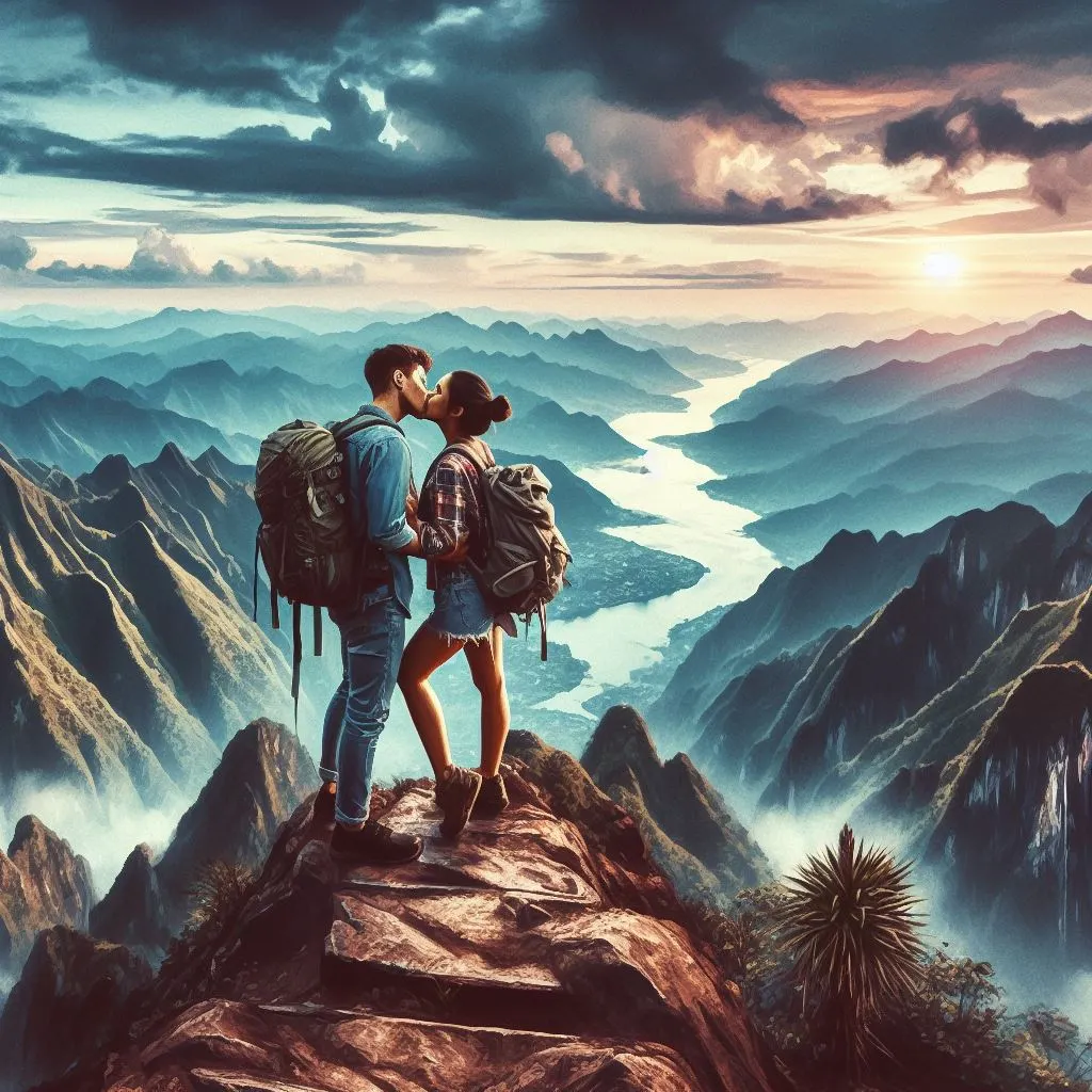 A couple stands on a rugged mountain peak, surrounded by panoramic views. The man pulls his girlfriend close, pressing a triumphant kiss to her lips, sparking thoughts on "what does it mean when a guy kisses you deeply?