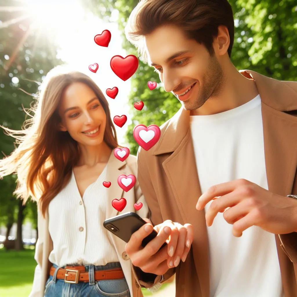 A couple enjoys a sunny afternoon stroll in the park. The boyfriend sends heart emojis to his girlfriend's message, pondering "what does it mean when a guy hearts your message?