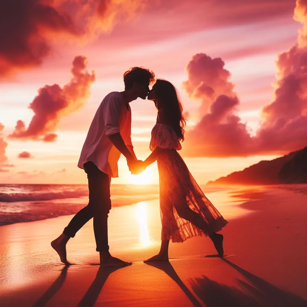A couple strolls hand in hand down a sandy seaside at dusk, their silhouettes towards a sky of orange and red. The man leans in to steal a gentle kiss from his female friend, sparking his mind on "What does it suggest while a guy kisses you deeply?