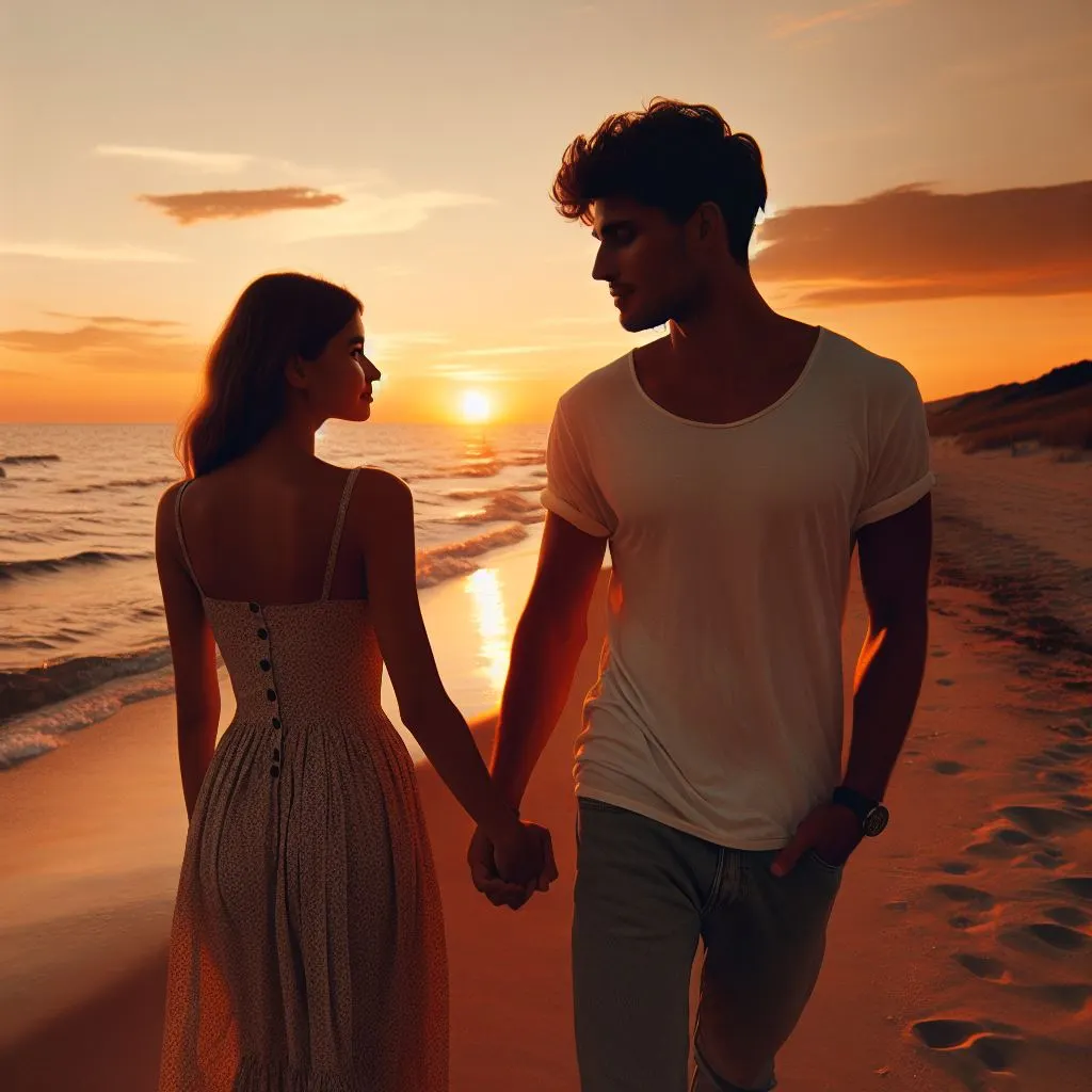 A couple walks hand in hand alongside an abandoned seashore at sunset. 
