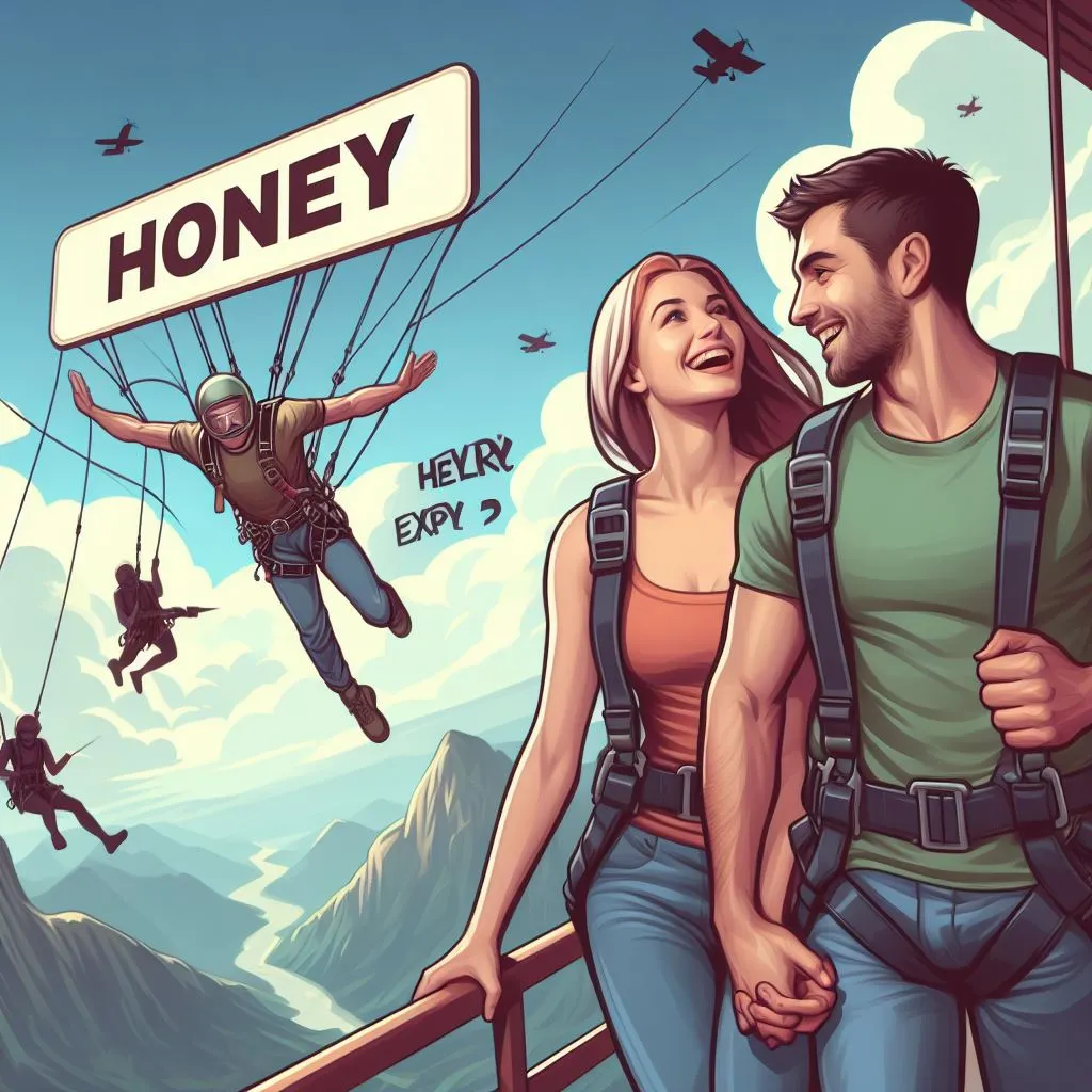 A couple embarks on an adventurous activity, like skydiving or zip-lining. 