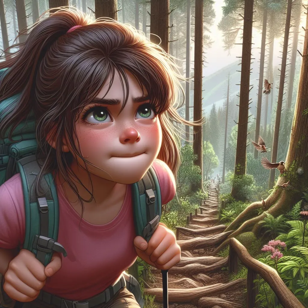 A girl hikes along a scenic trail, surrounded by towering trees and chirping birds, her cheeks flushed with exertion, lips pressed together in determination.