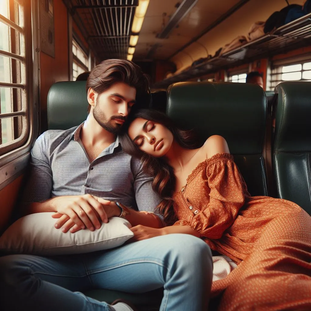 A couple rests on a train journey, the boyfriend steals glances at his sleeping girlfriend.