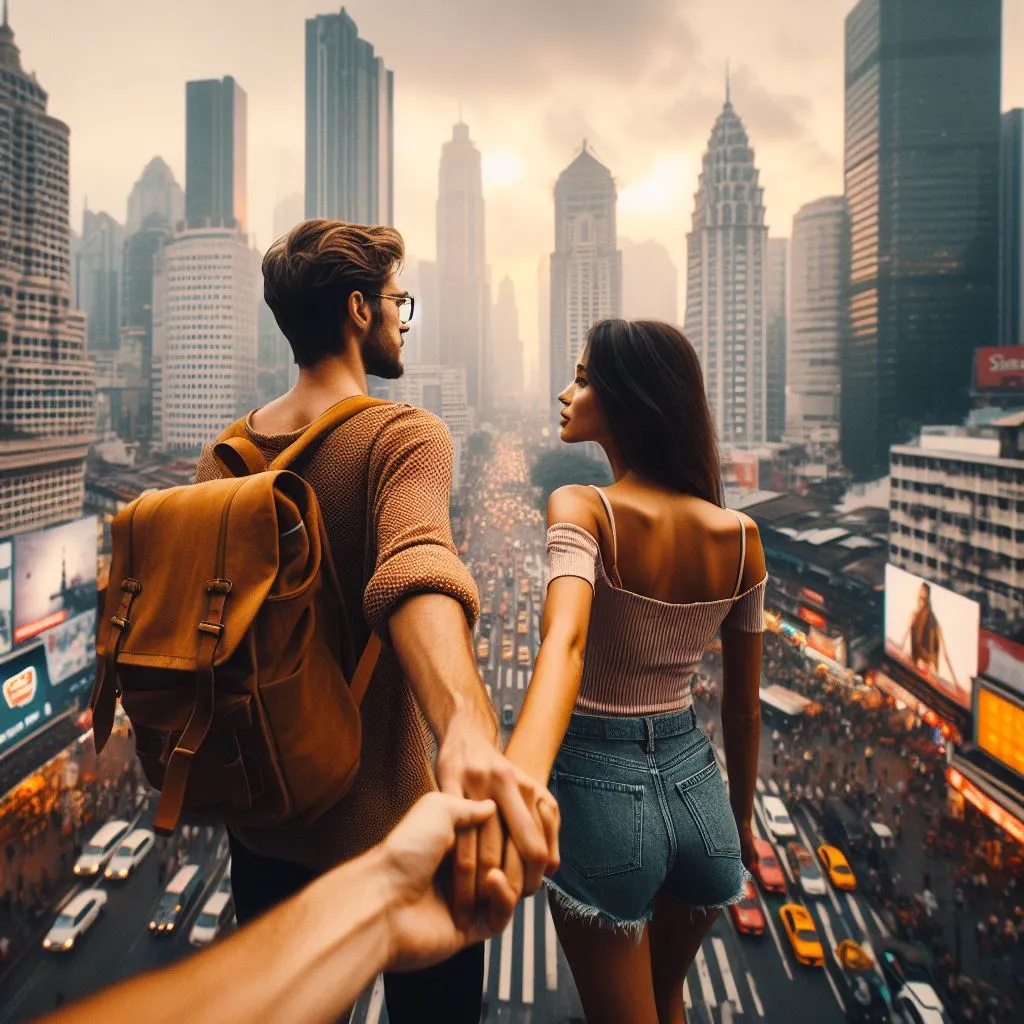 a busy metropolis with busy streets and tall towers. The woman gently grasps her boyfriend's arm as they explore.