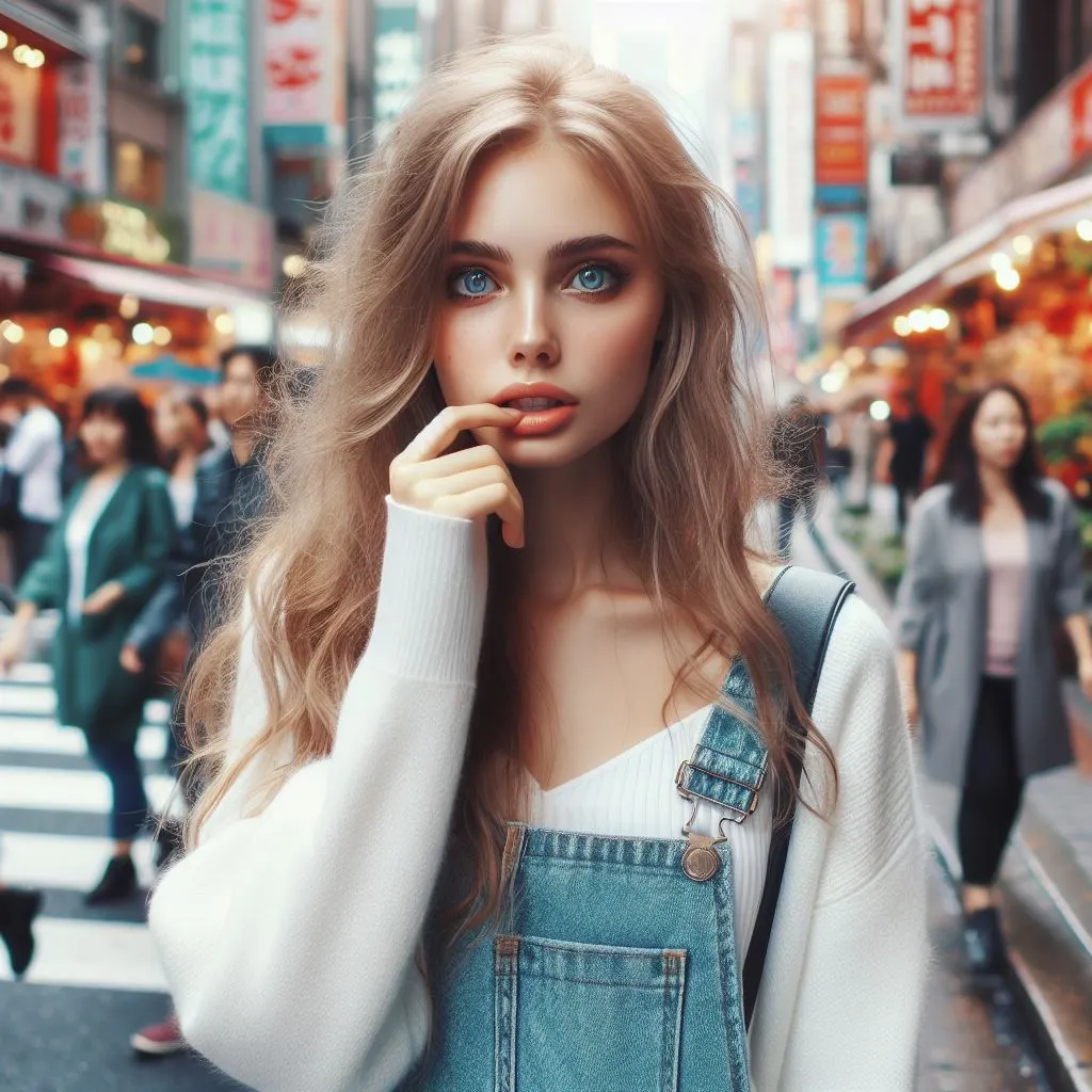 A girl strolls through a bustling city street, her eyes sparkling with curiosity, biting her lip in concentration amidst the busy sidewalks and colorful shops.