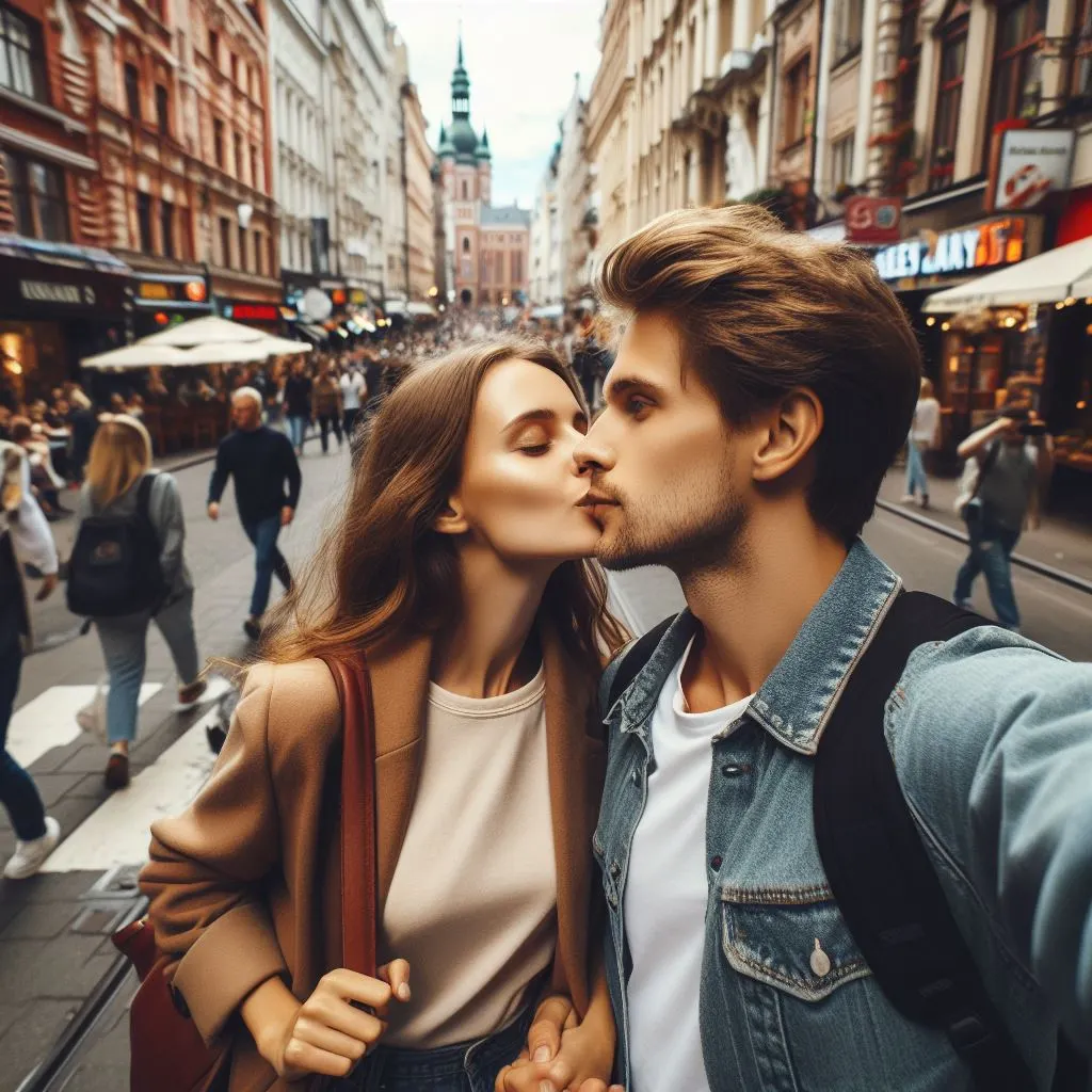 A couple explores a vibrant city, where the woman kisses her boyfriend on the cheek.