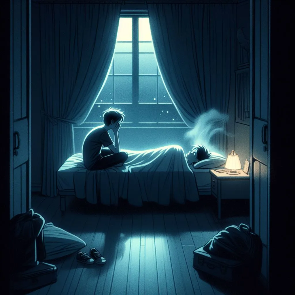 In a dimly lit bedroom with curtains drawn, a boy lies in bed, staring at the ceiling, opening up to his girlfriend about his fears and insecurities during a late night phone call, pondering "what do late night phone calls mean.